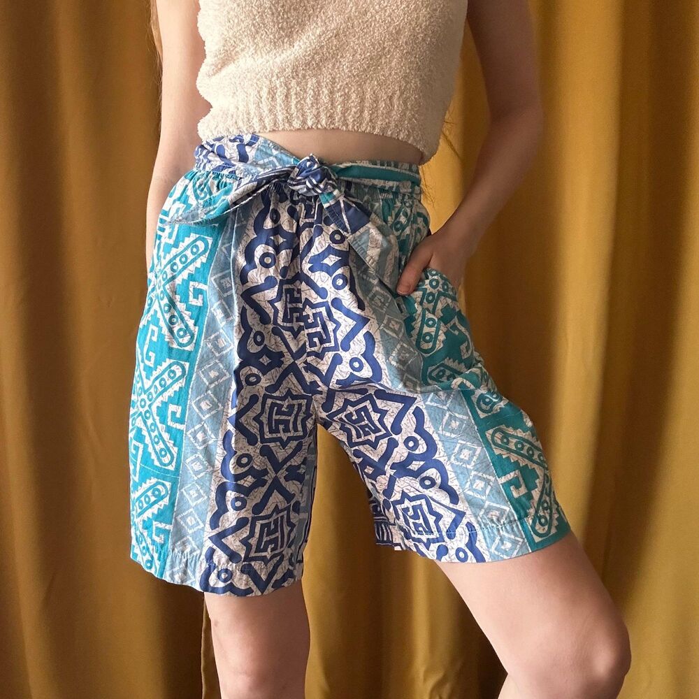 1990s Geometric Elastic Waist Cotton Shorts, Size Large